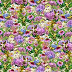 Baumwollstoff Patchworkstoff *Hummingbirds in the Meadow* Blumen Kolibri Blüten Schmetterling grün blau rot pink lila orange gelb weiß GG-0049-C1
