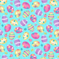 Baumwollstoff Patchworkstoff *Blue Easter Egg Toss* Ostereier türkis pink lila gelb 563-11