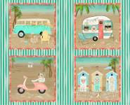 Patchworkstoff Baumwollstoff  Panel *Beach Travel* Bulli Bus Roller Kabine mint rosa weiß 3WF17336