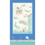 Baumwollstoff Patchworkstoff *Make A Splash* Panel 60 x 110 cm Meer Ozean Wal Boot Krake Unterwasser Koralle Möwe Punkte blau weiß türkis orange MM DC 9365